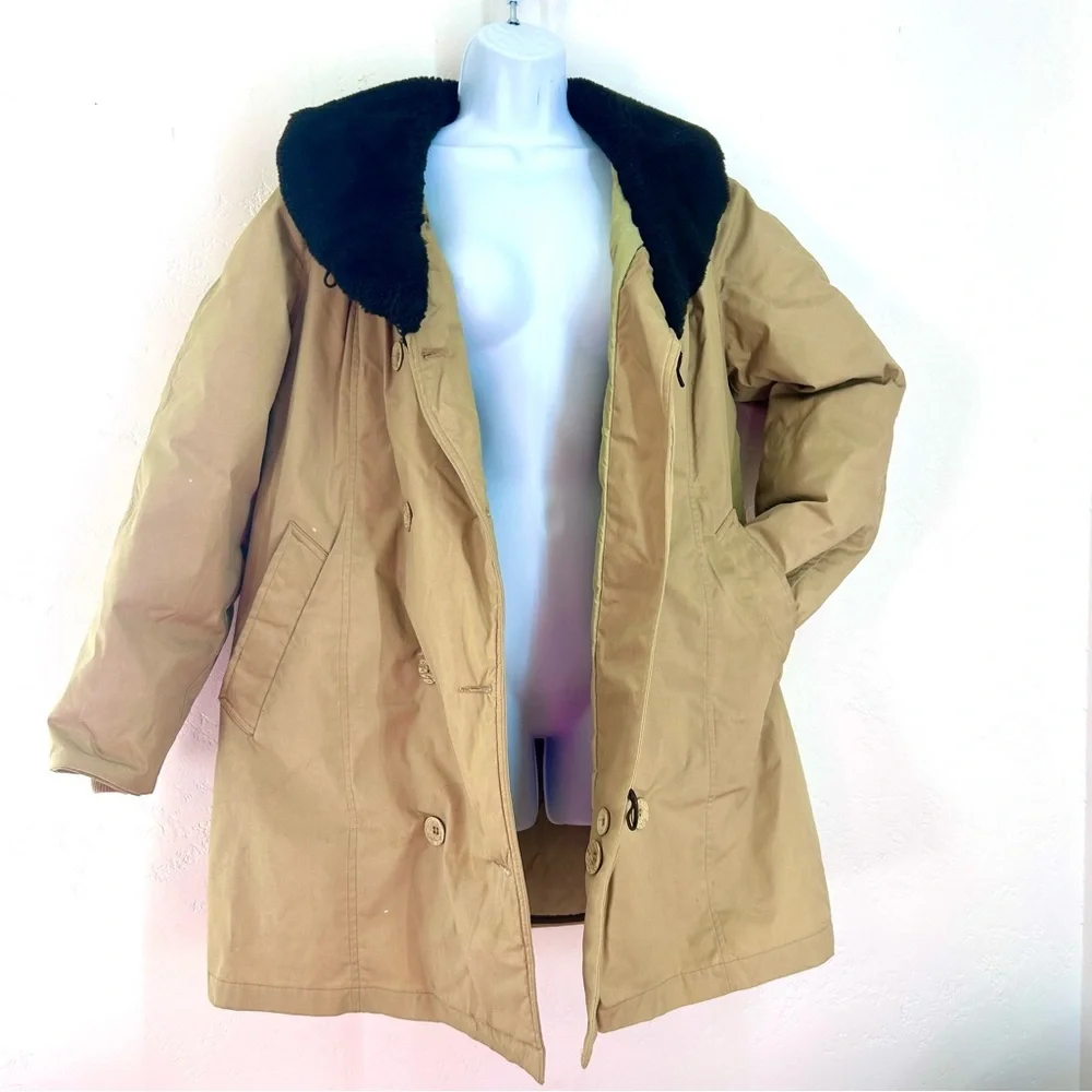 Eddie Bauer Vtg Goose Down Tan Double-Breasted Coat Faux Fur Collar Womens L USA